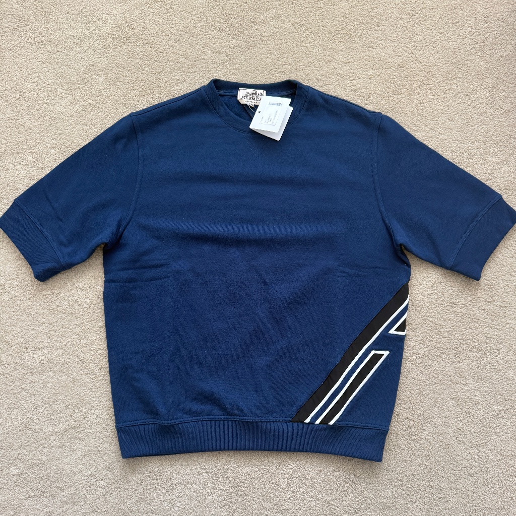 New W/Tags - Hermes Mens Medium Indigo Blue Striped Short Sleeve Pullover